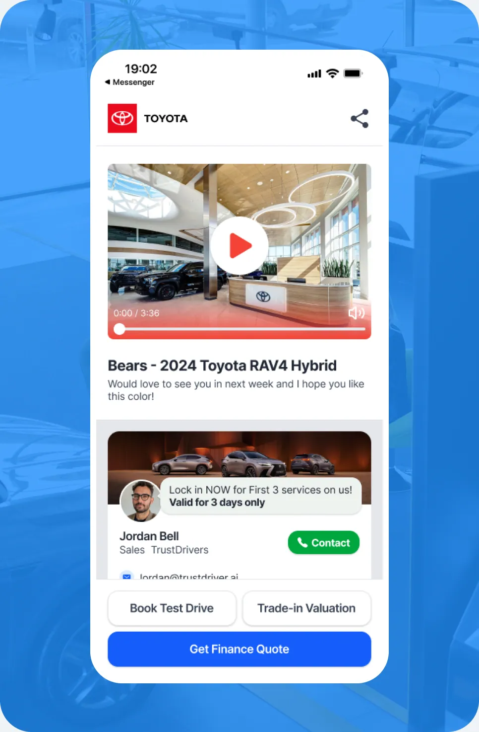 A personalised vehicle video page on a phone, sent to a customer after their visit