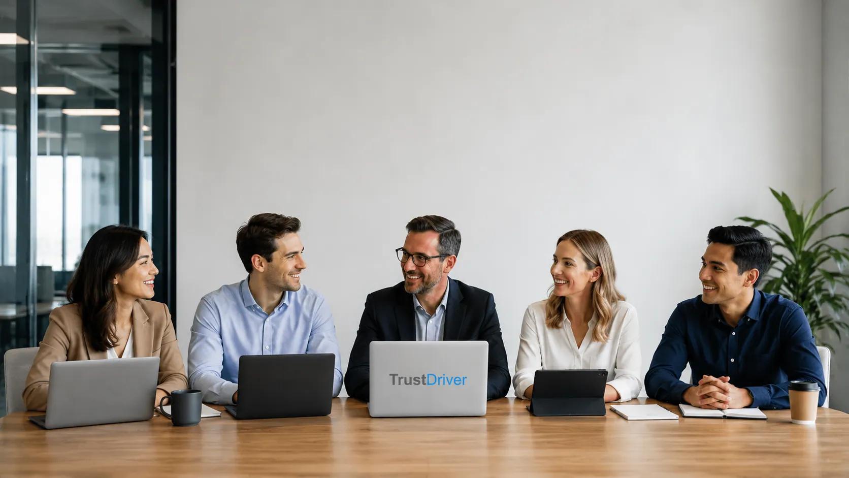A dealership team collaborating around a table, with TrustDriver on a laptop