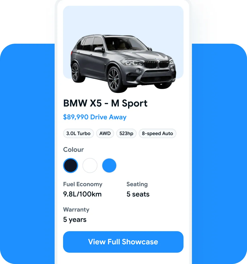 A product showcase for a BMW X5 M Sport with pricing, specifications and a colour selector